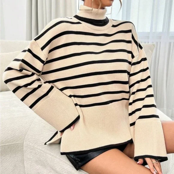 Dark brown / cream Striped Turtleneck oversized Sweater - Picture 1 of 3